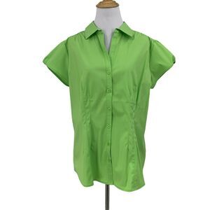 Dress Barn Button Up Shirt Womens L Large Key Lime Cap Sleeves Split Neck Collar